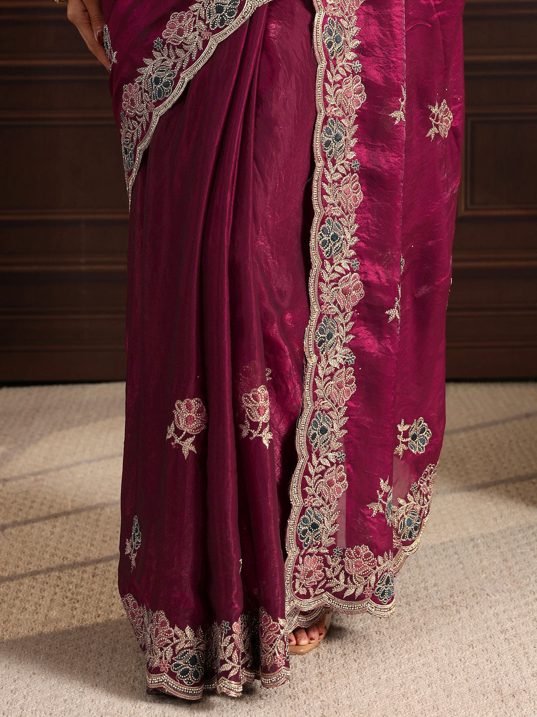  Libas Maroon Floral Stone Work Embellished Tissue Saree 