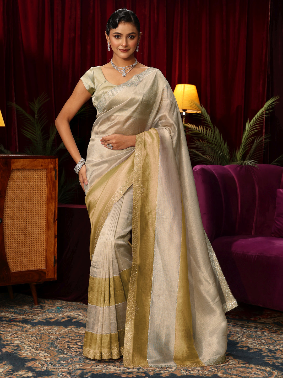  Libas Off White Stone Work Tissue Saree 