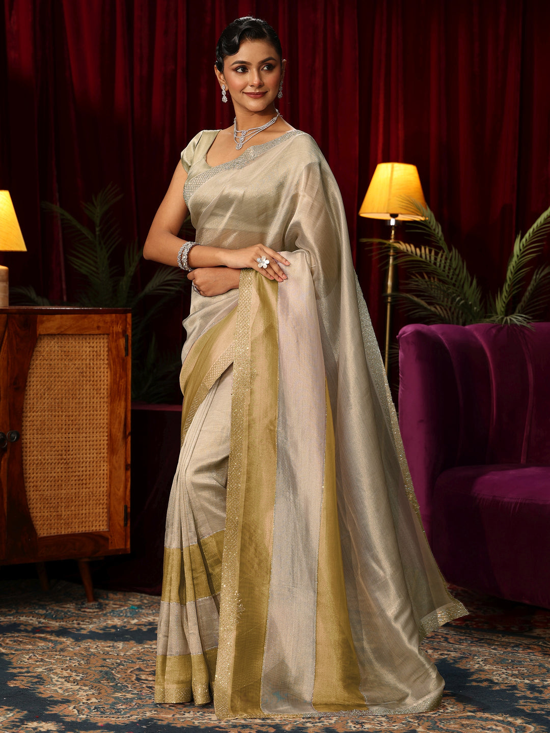  Libas Off White Stone Work Tissue Saree 