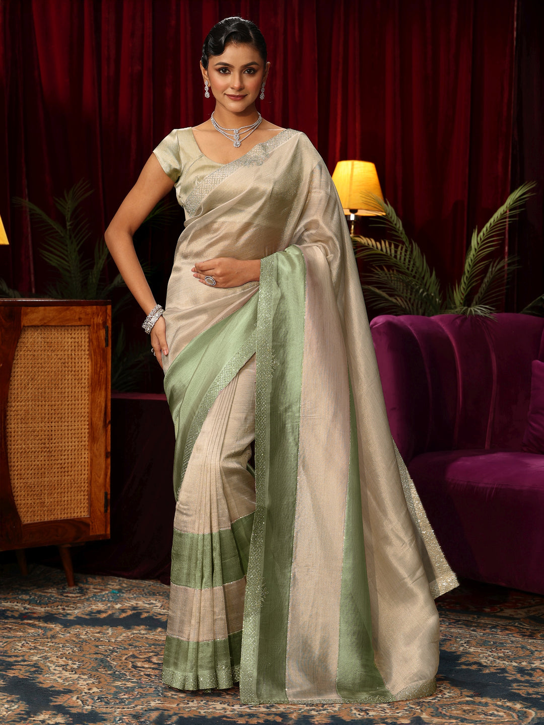  Libas Off White Stone Work Tissue Saree 
