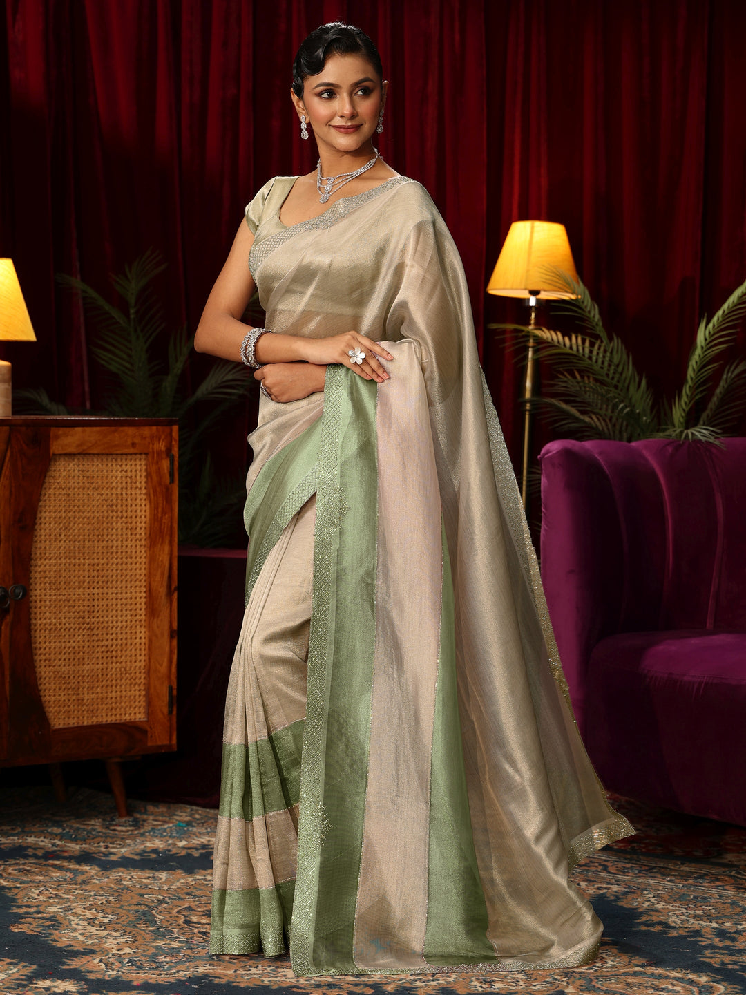 Libas Off White Stone Work Tissue Saree 