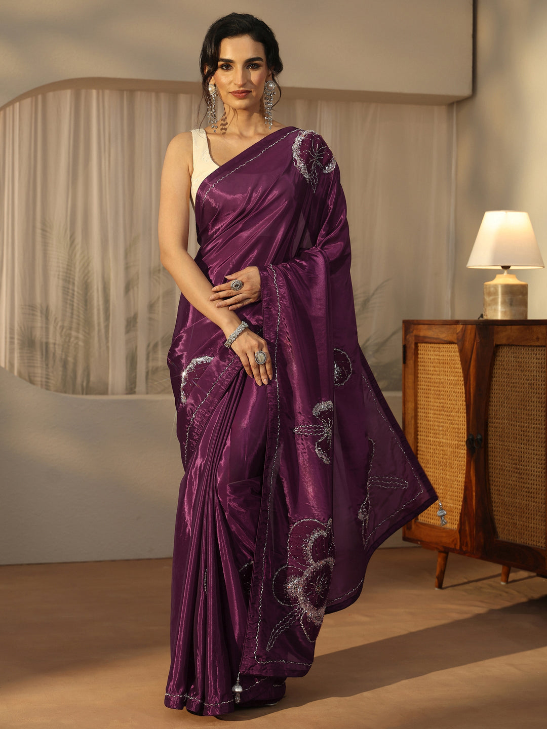  Libas Burgundy Embellished Satin Saree with Applique Design 