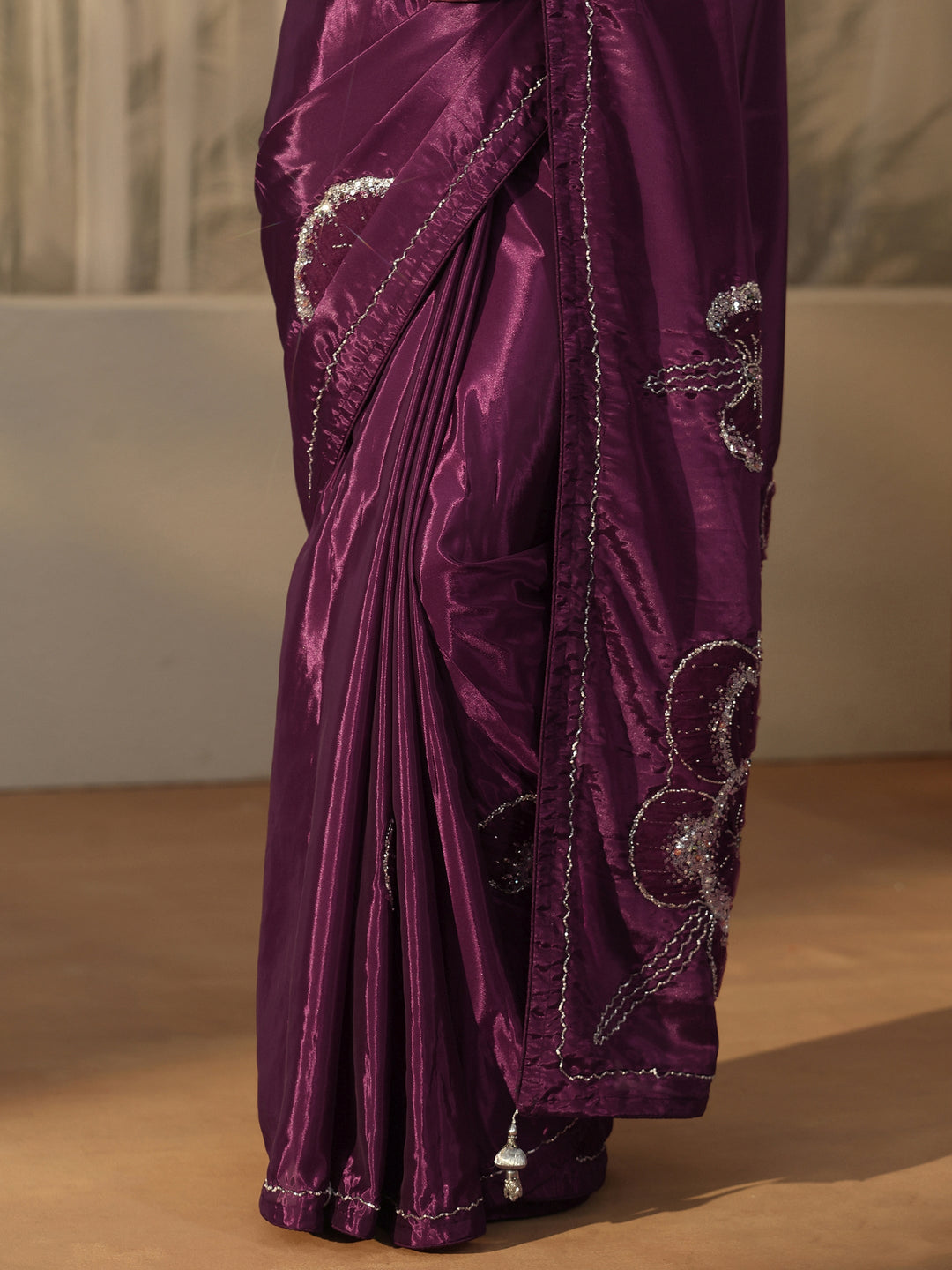  Libas Burgundy Embellished Satin Saree with Applique Design 