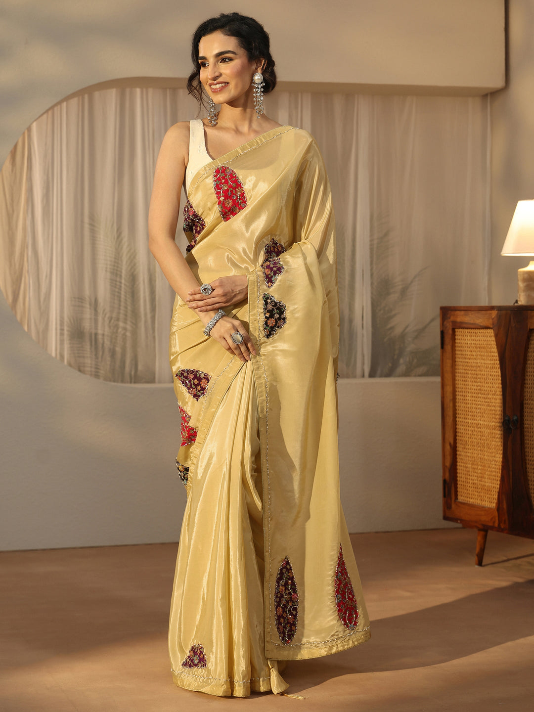  Libas Yellow Embellished Satin Saree with Applique Design 