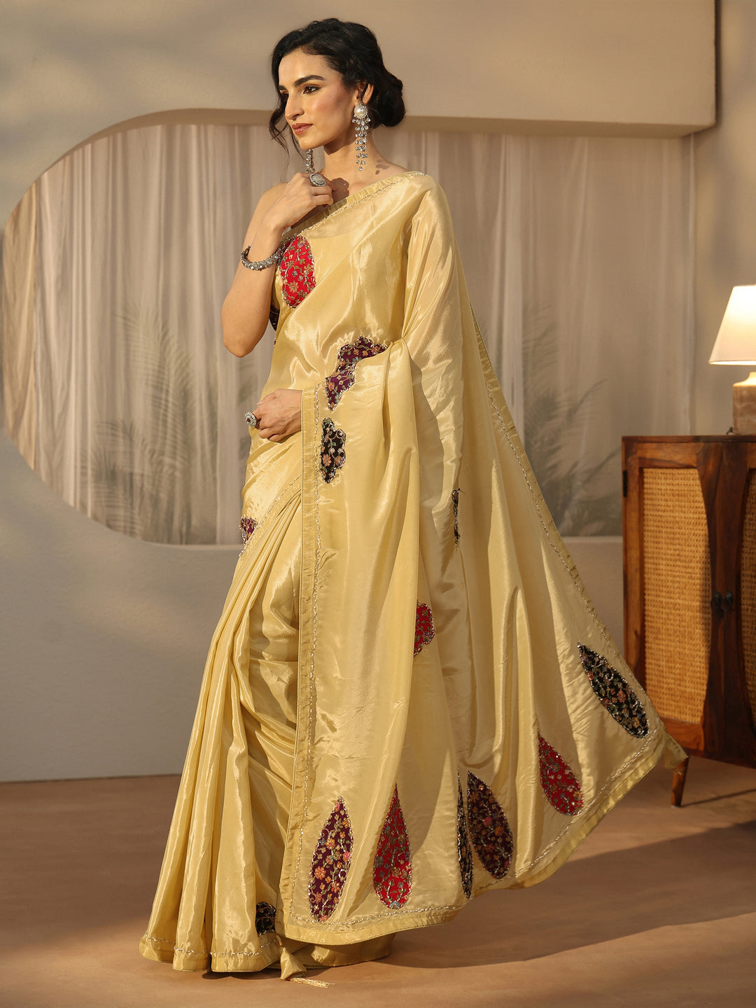  Libas Yellow Embellished Satin Saree with Applique Design 