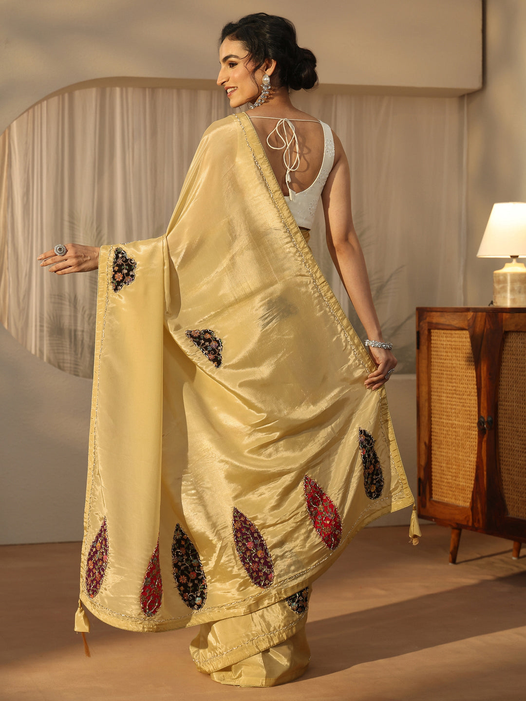  Libas Yellow Embellished Satin Saree with Applique Design 