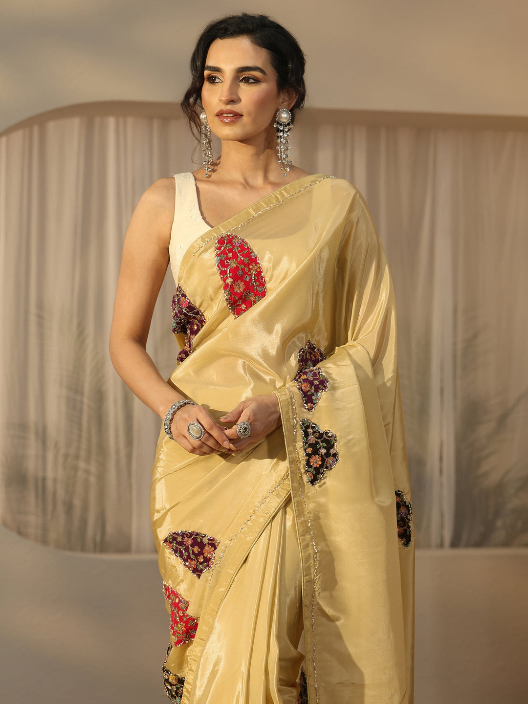  Libas Yellow Embellished Satin Saree with Applique Design 