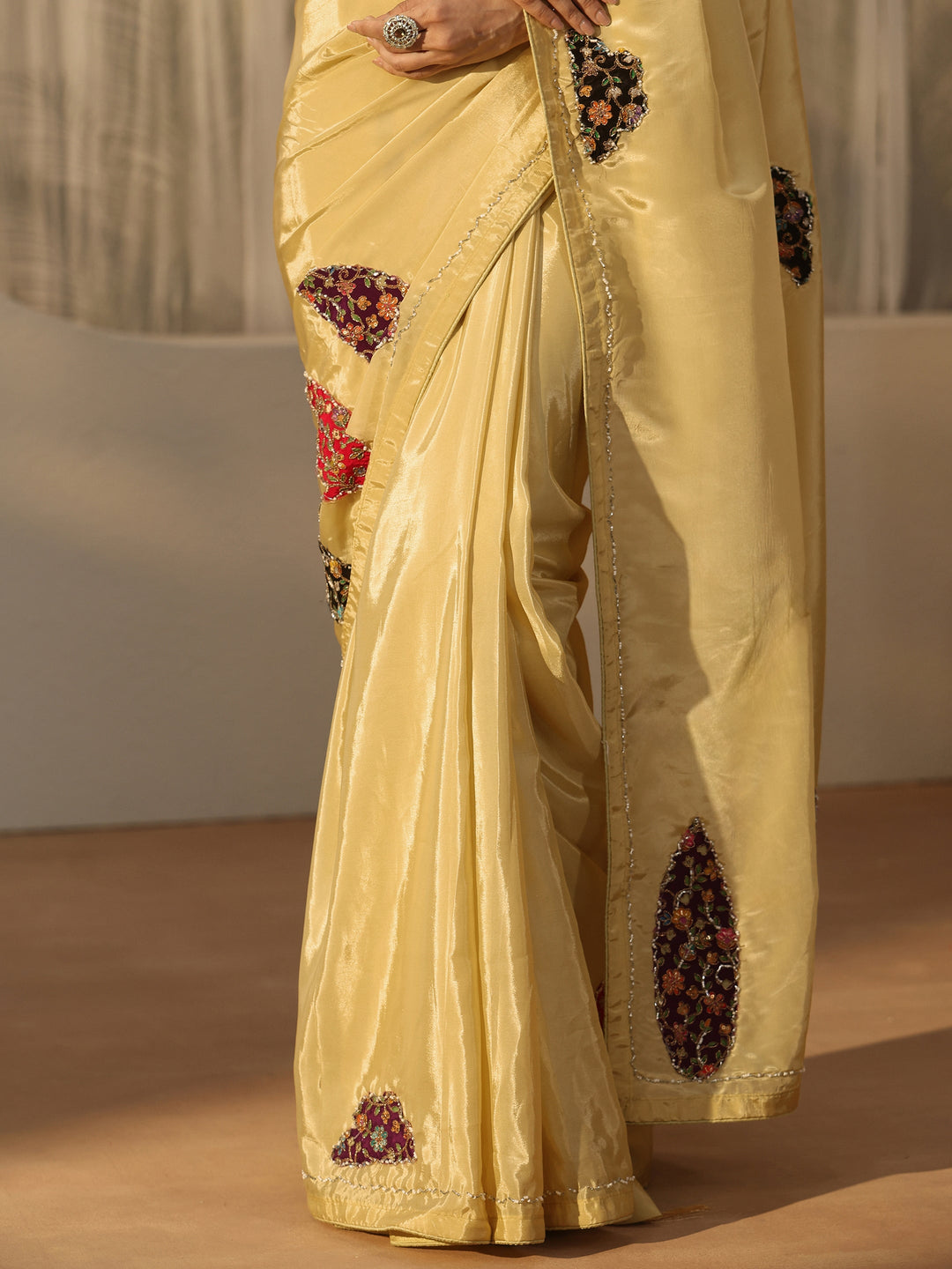  Libas Yellow Embellished Satin Saree with Applique Design 
