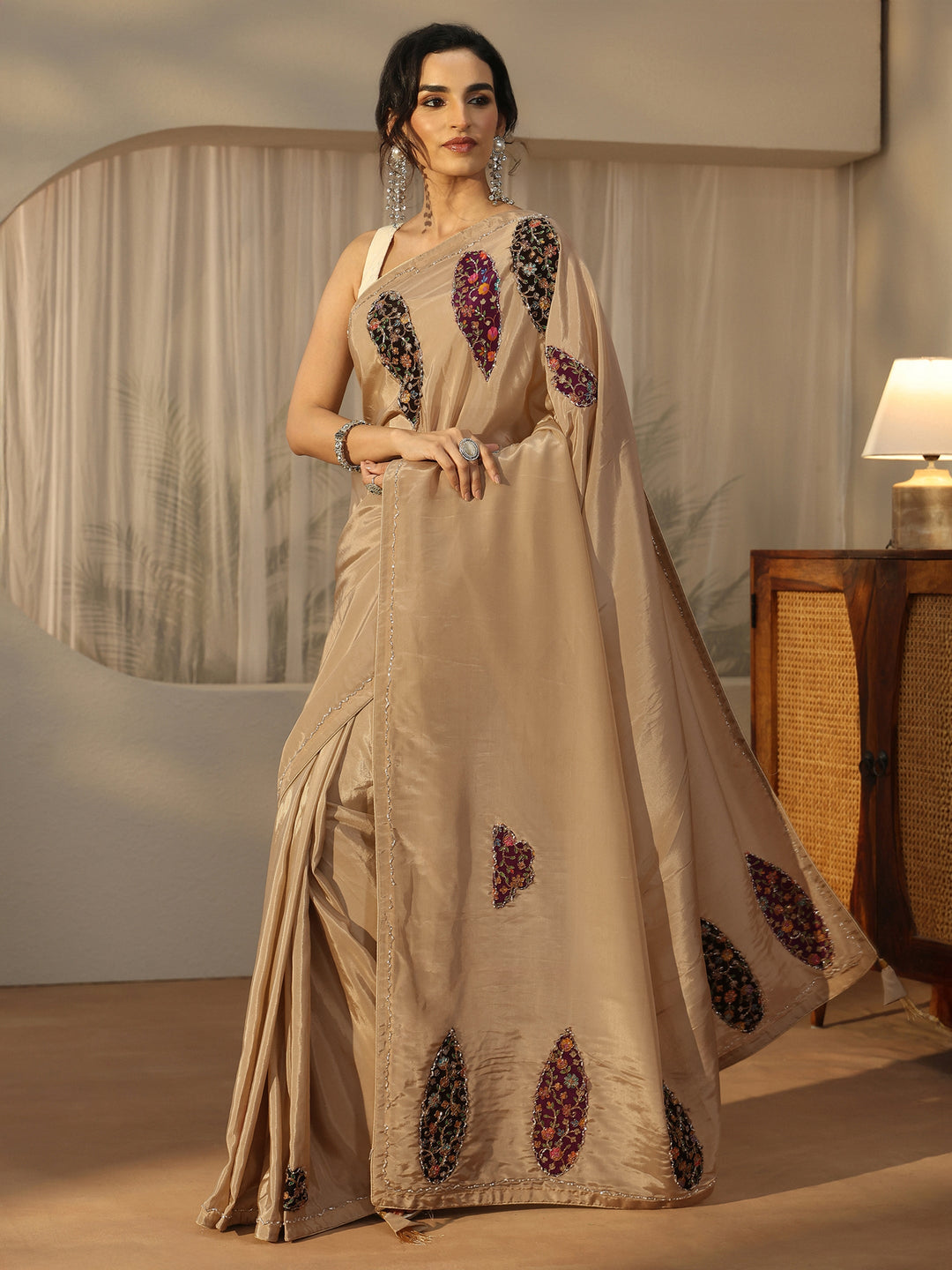  Libas Beige Embellished Satin Saree with Applique Design 
