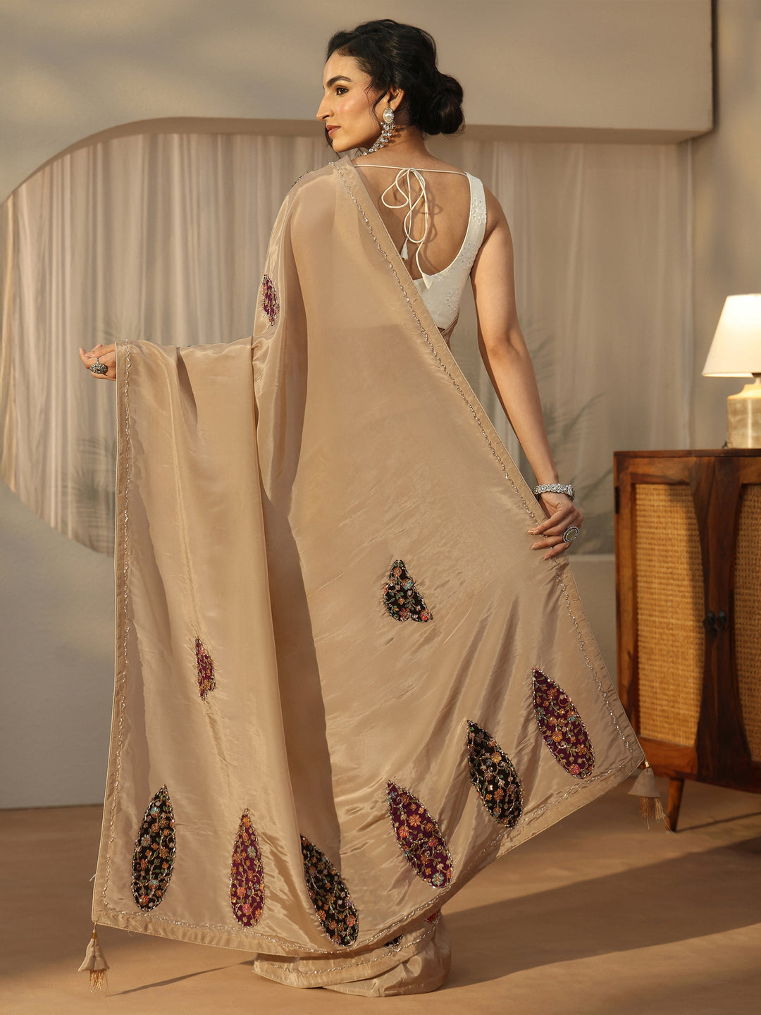  Libas Beige Embellished Satin Saree with Applique Design 
