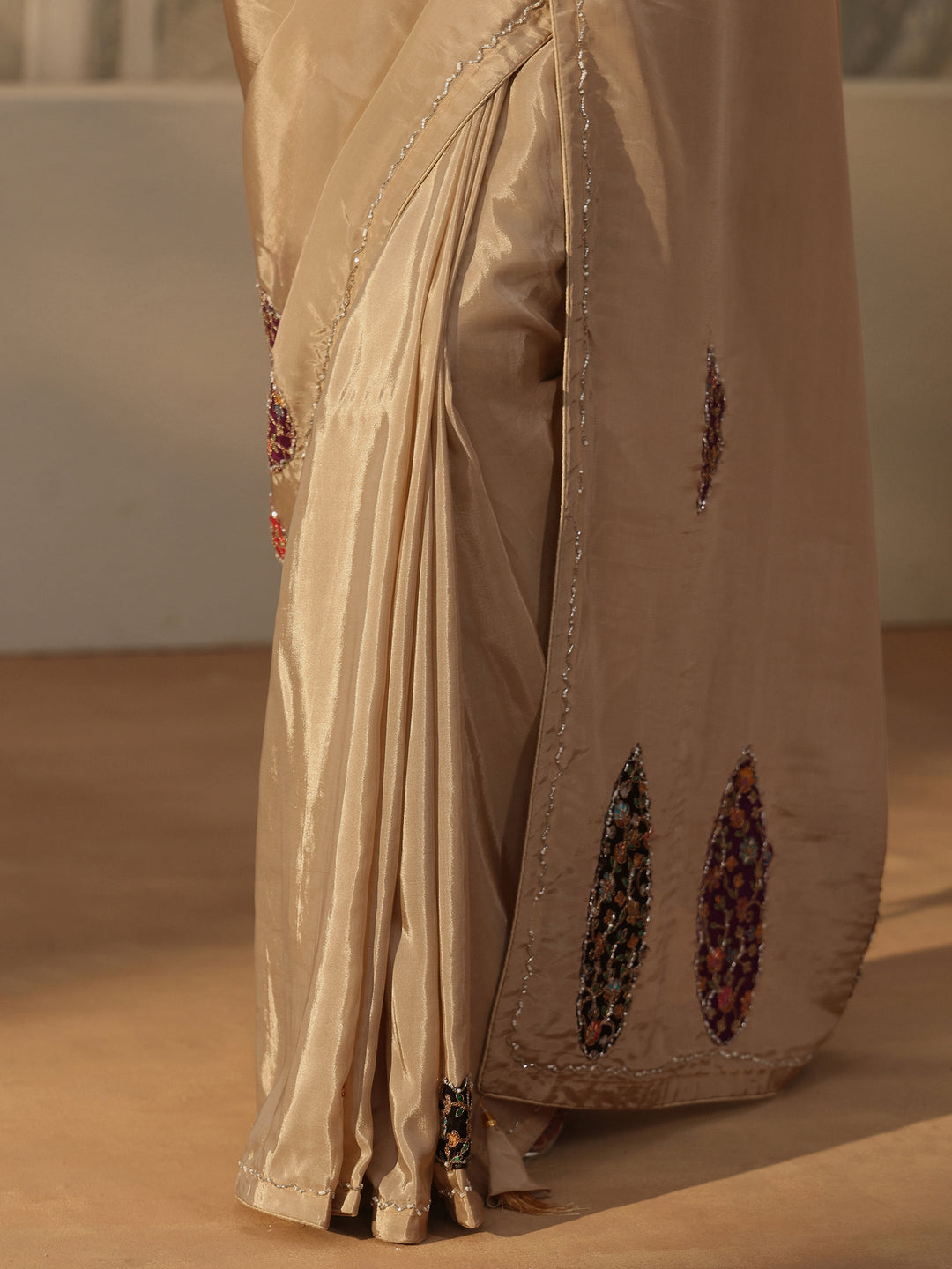  Libas Beige Embellished Satin Saree with Applique Design 