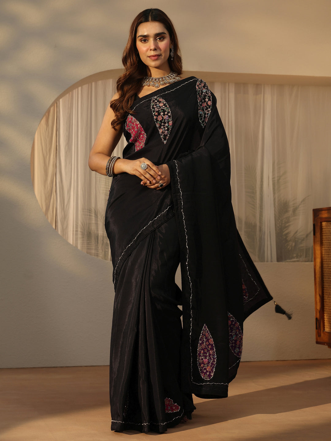  Libas Black Embellished Satin Saree with Applique Design 