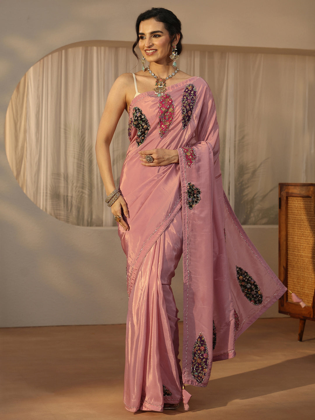  Libas Pink Embellished Satin Saree with Applique Design 
