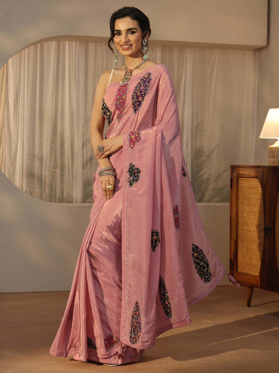  Libas Pink Embellished Satin Saree with Applique Design 