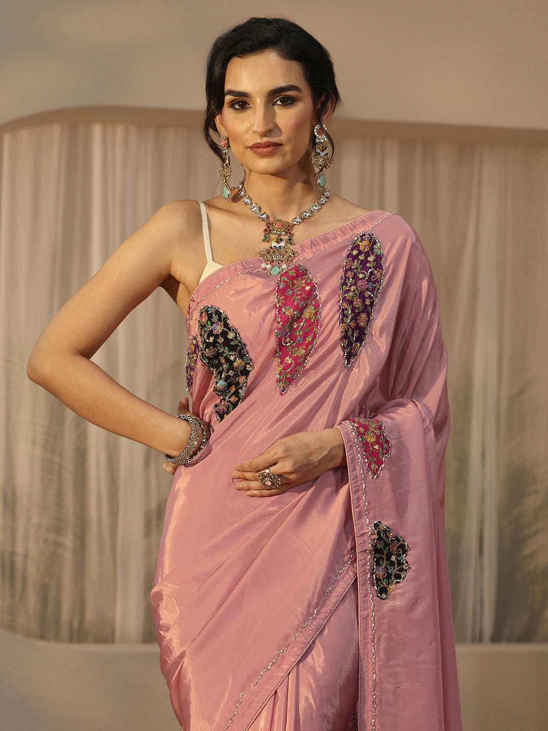  Libas Pink Embellished Satin Saree with Applique Design 