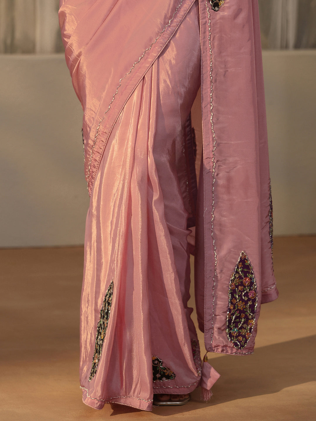  Libas Pink Embellished Satin Saree with Applique Design 