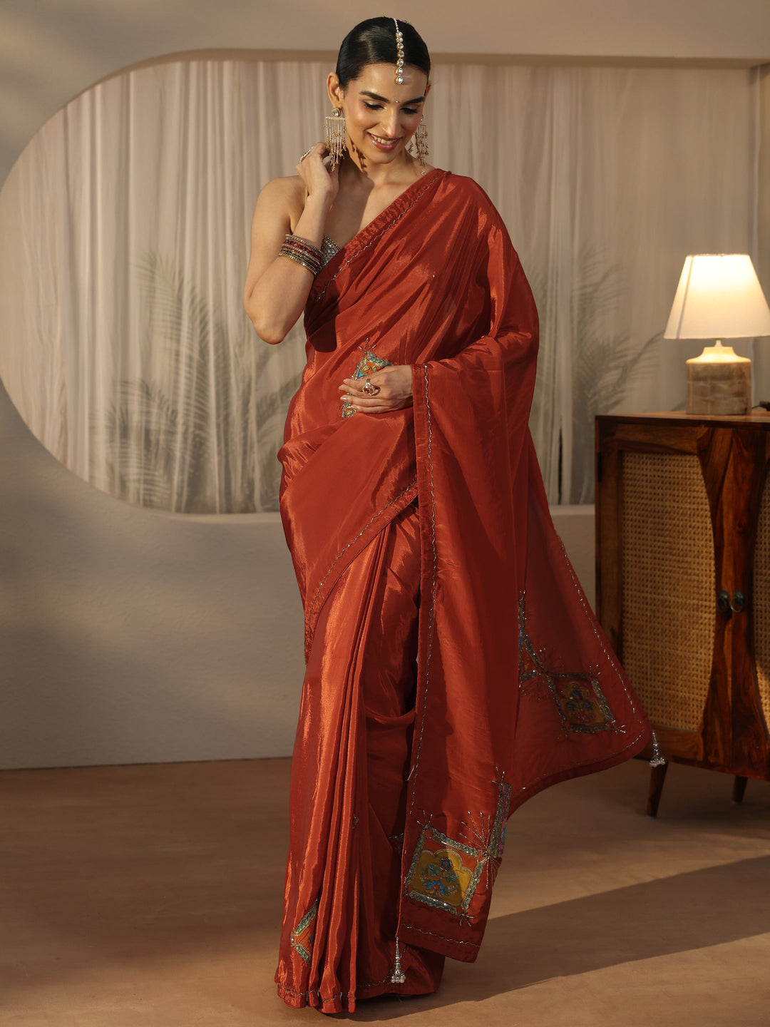  Libas Rust Brown Satin Saree with Applique Design 