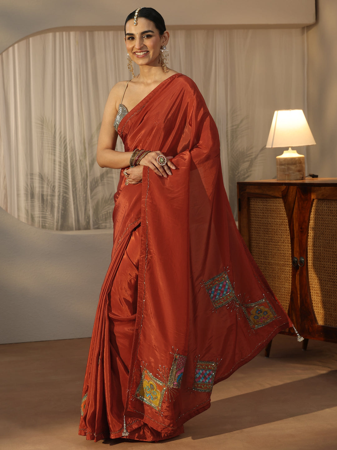  Libas Rust Brown Satin Saree with Applique Design 