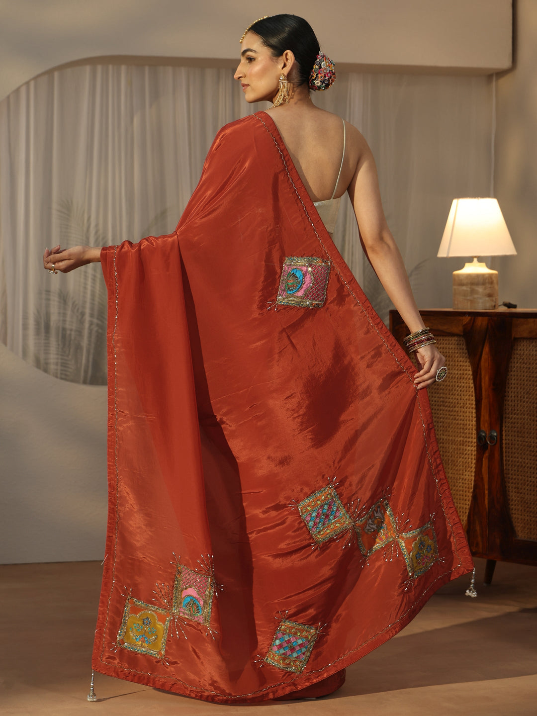  Libas Rust Brown Satin Saree with Applique Design 