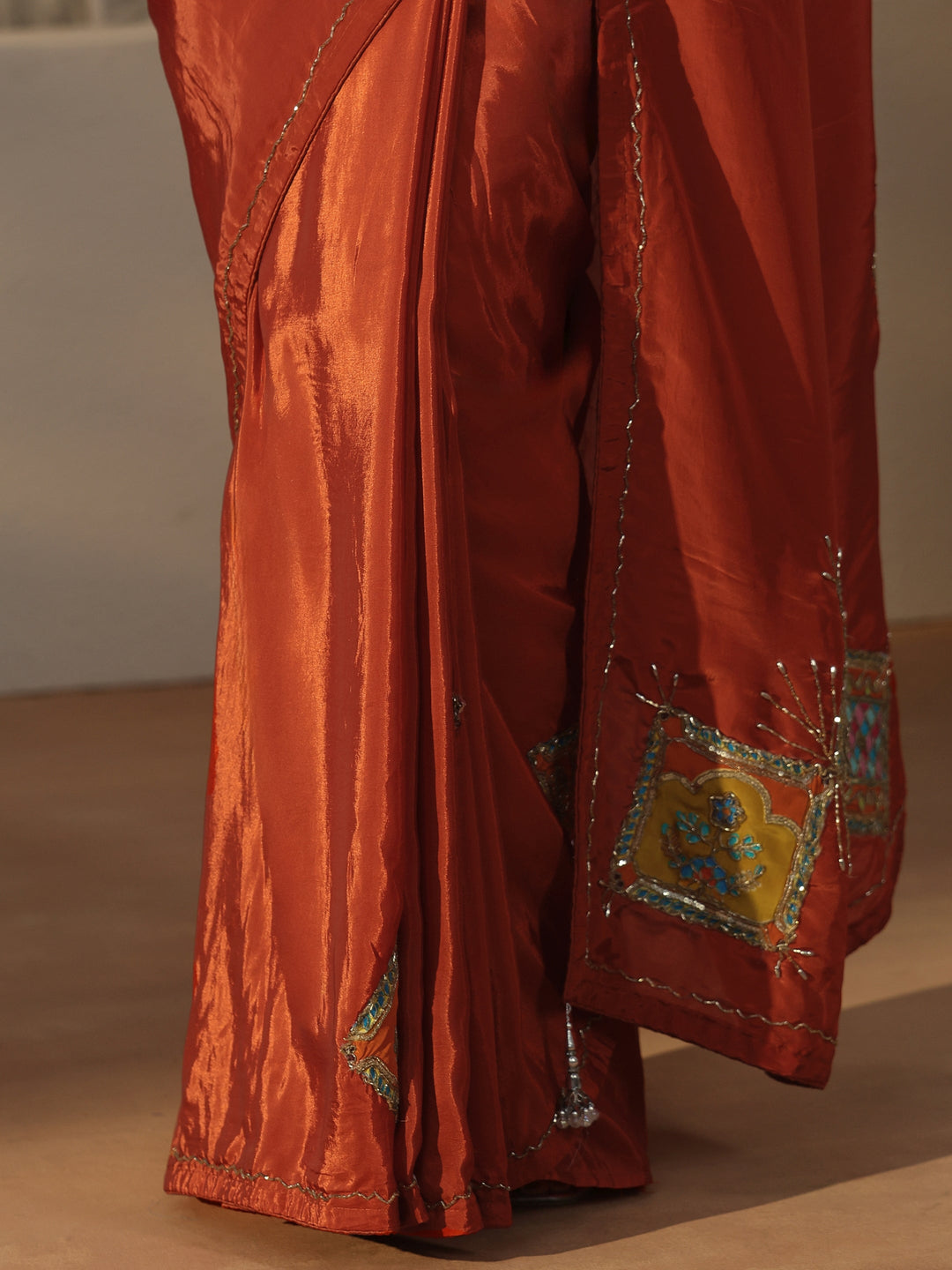  Libas Rust Brown Satin Saree with Applique Design 