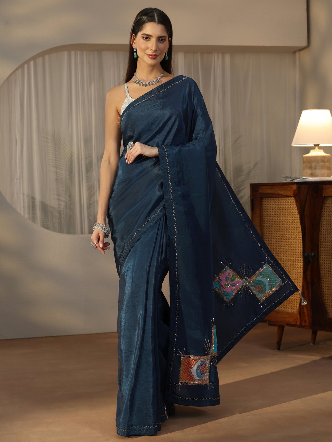  Libas Teal Blue Satin Saree with Applique Design 