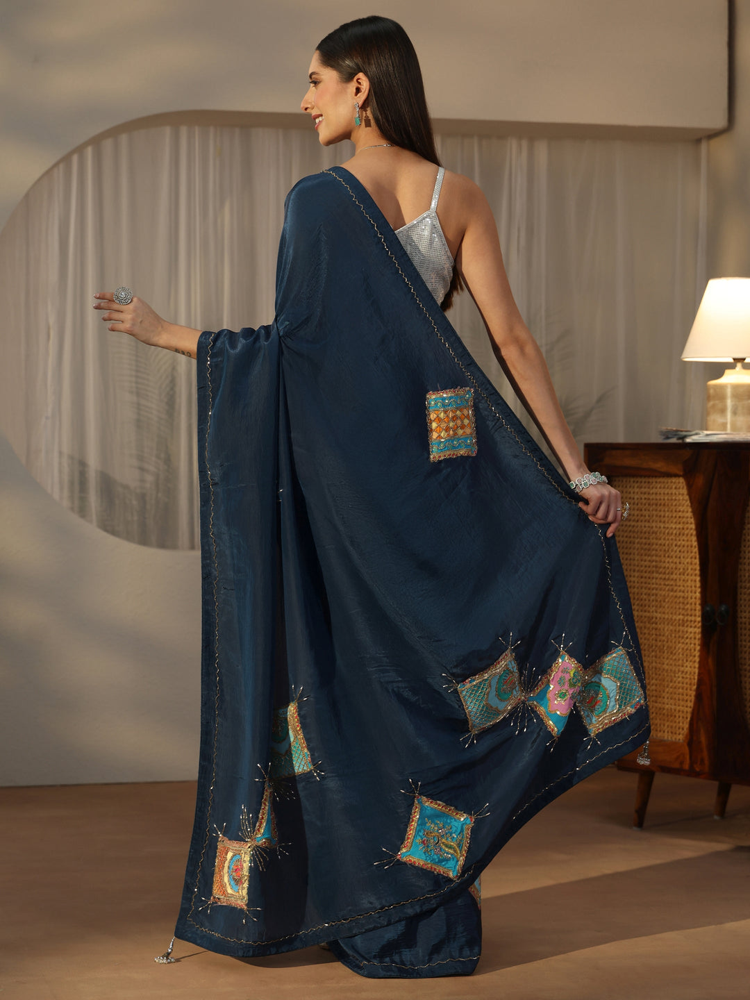  Libas Teal Blue Satin Saree with Applique Design 