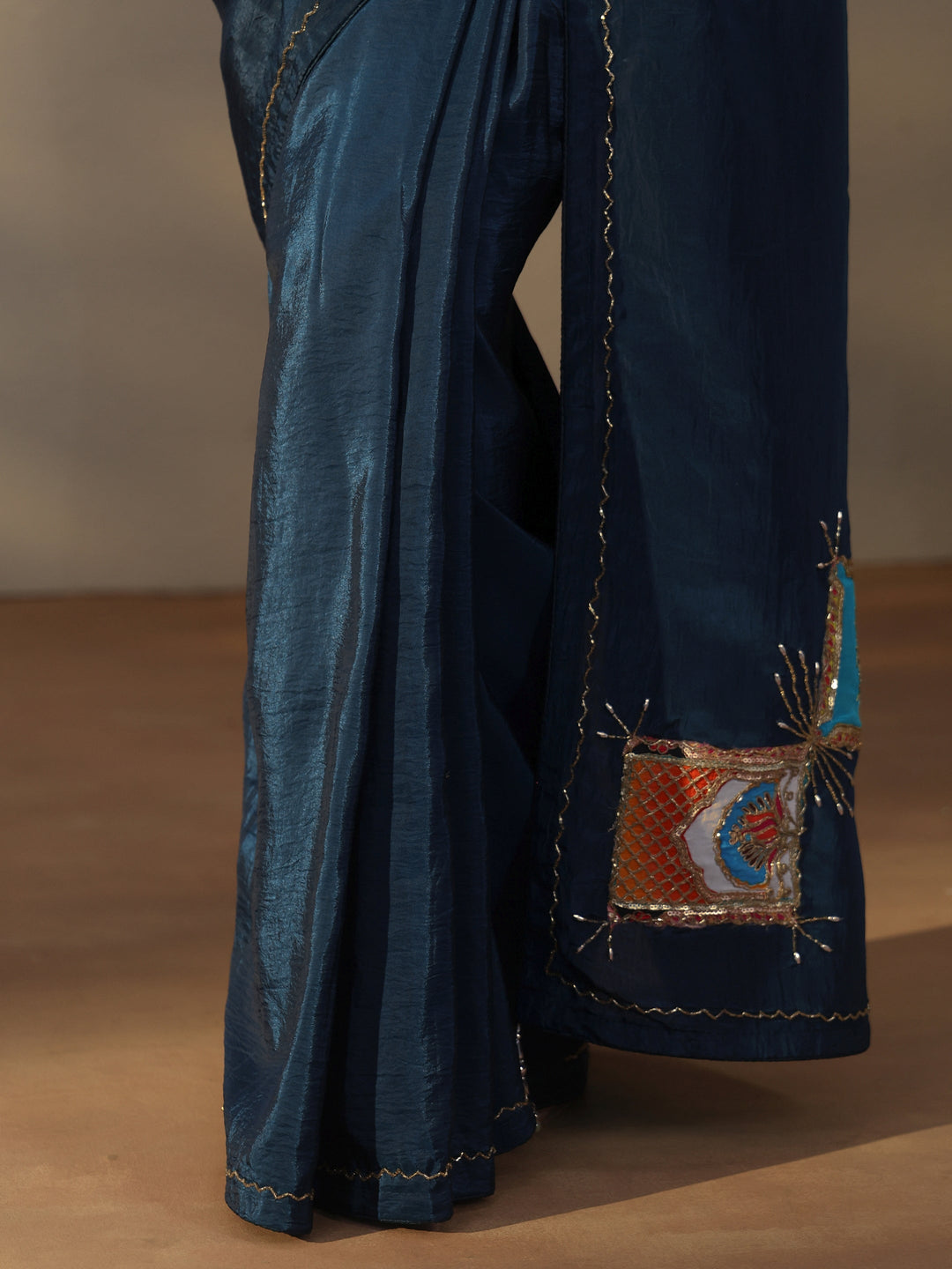  Libas Teal Blue Satin Saree with Applique Design 
