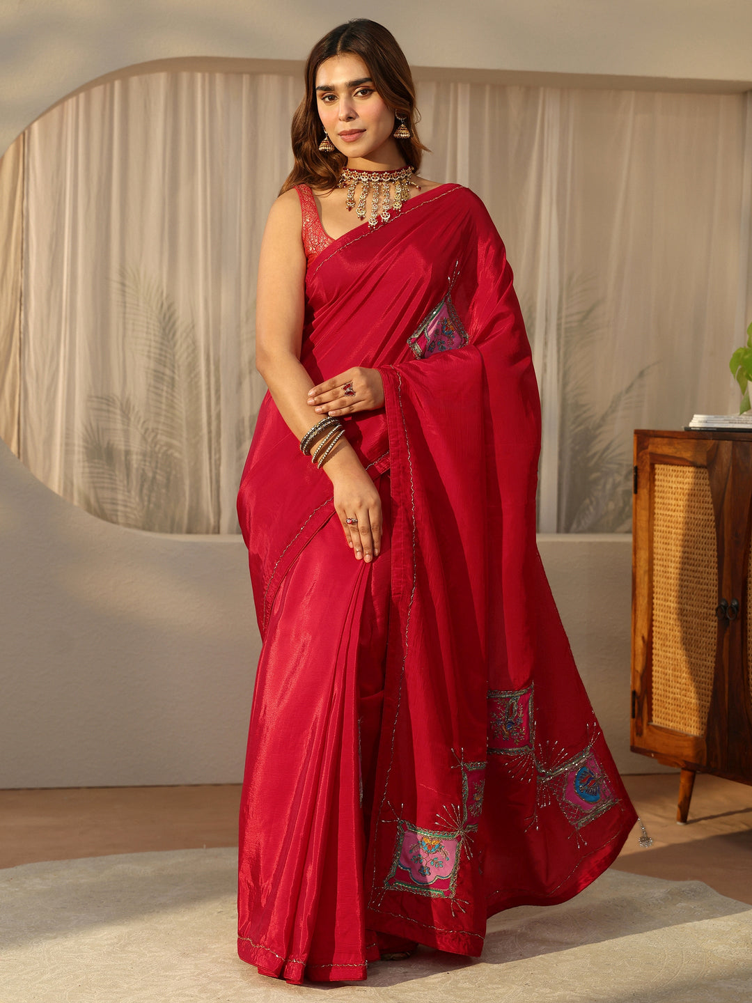  Libas Strawberry Red Embellished Satin Saree with Applique Design 