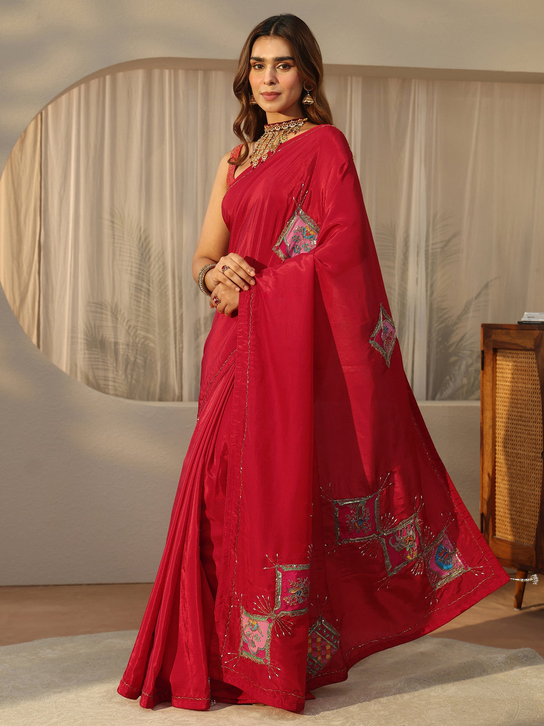  Libas Strawberry Red Embellished Satin Saree with Applique Design 