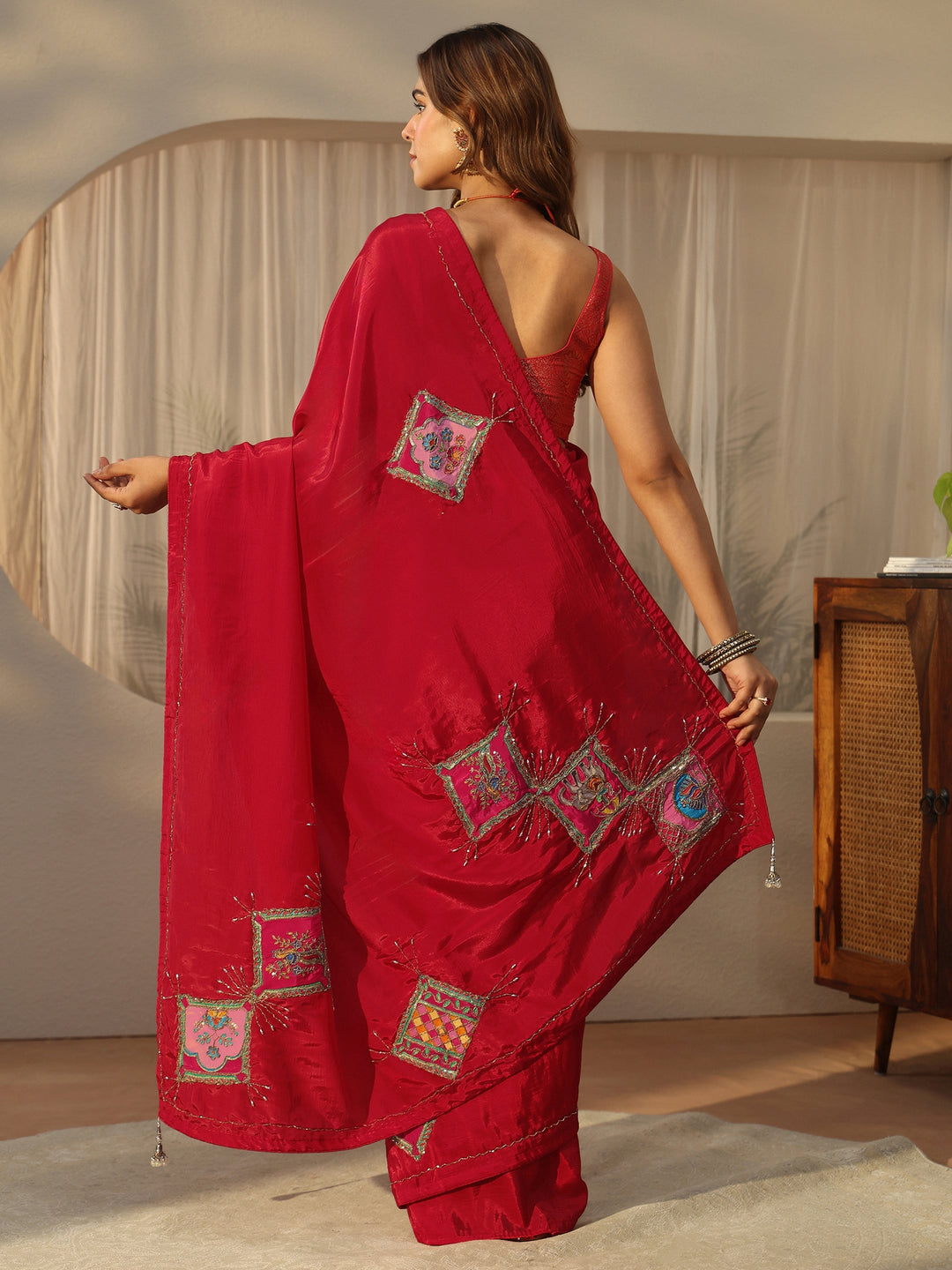  Libas Strawberry Red Embellished Satin Saree with Applique Design 