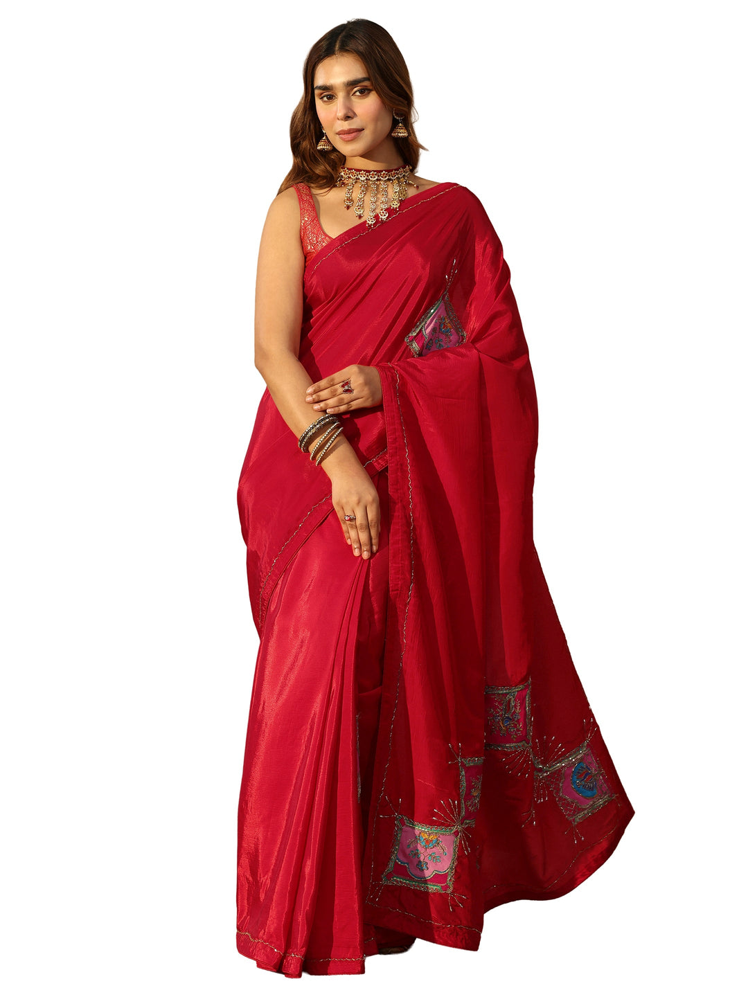  Libas Strawberry Red Embellished Satin Saree with Applique Design 