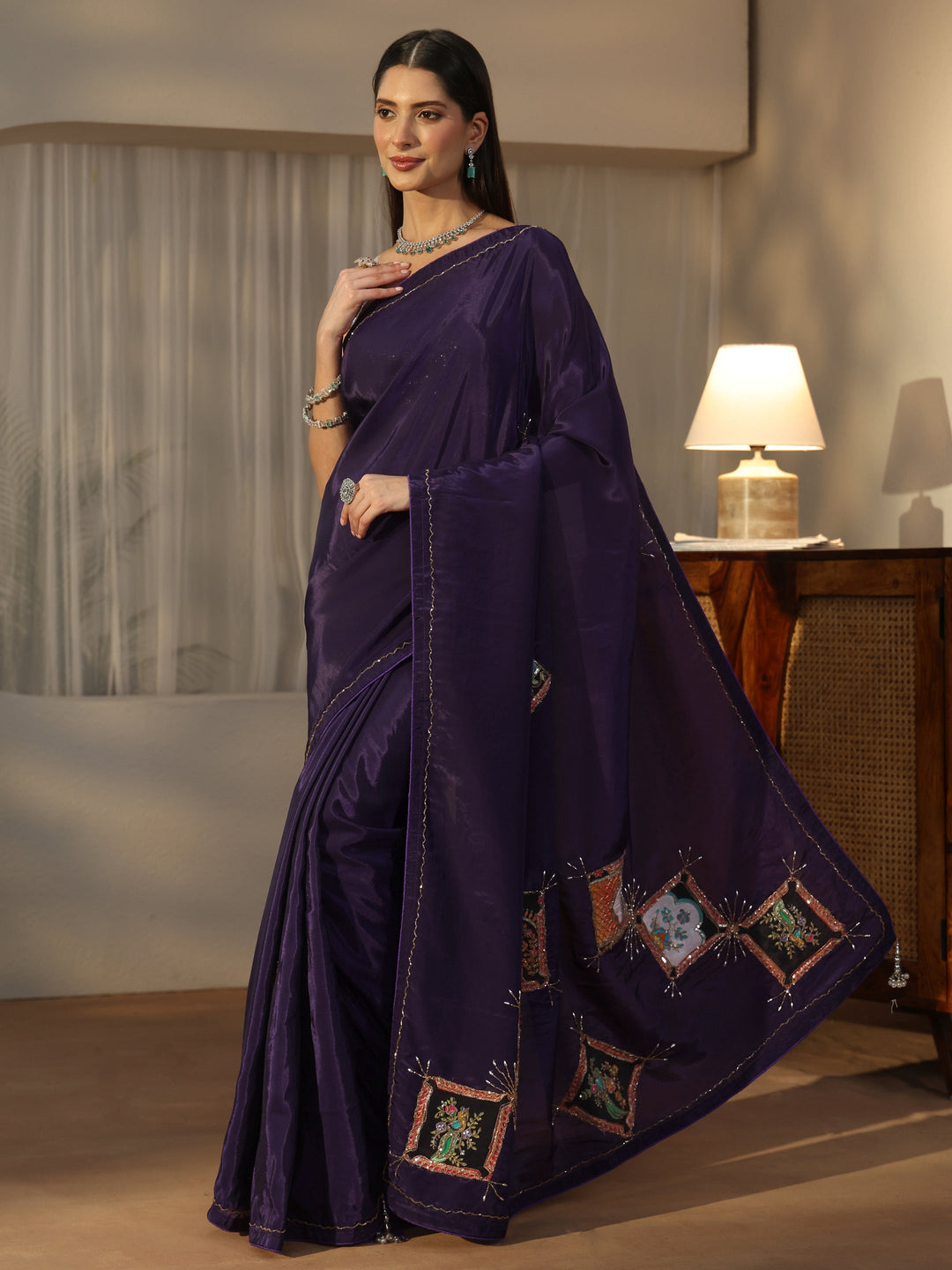  Libas Aubergine Purple Satin Saree with Applique Design 