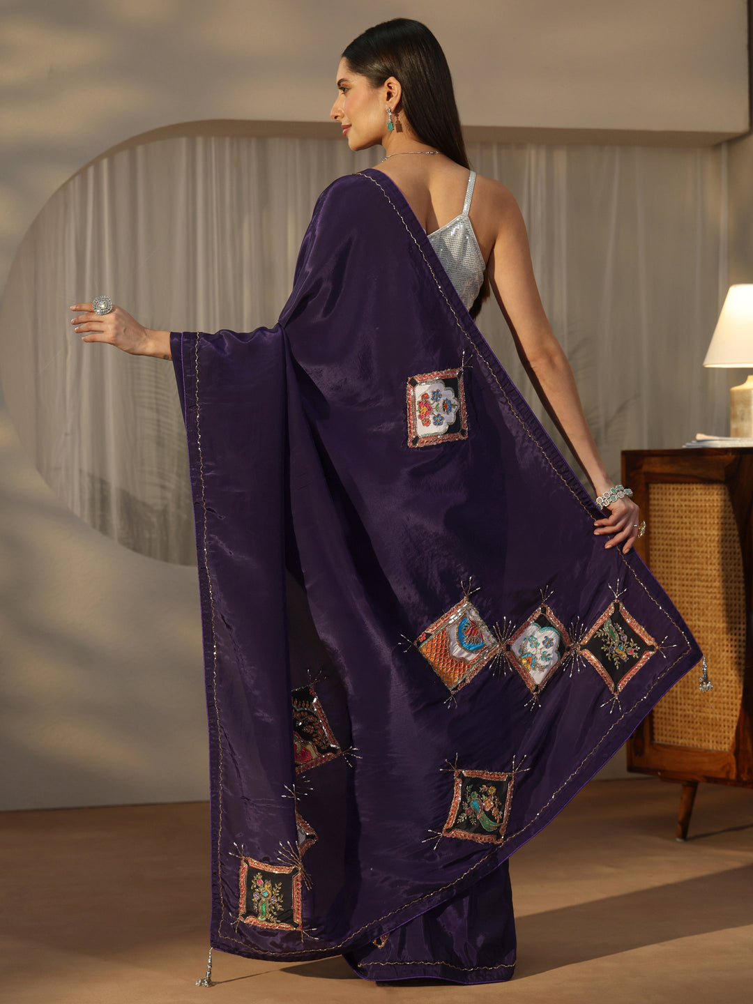 Libas Aubergine Purple Satin Saree with Applique Design 