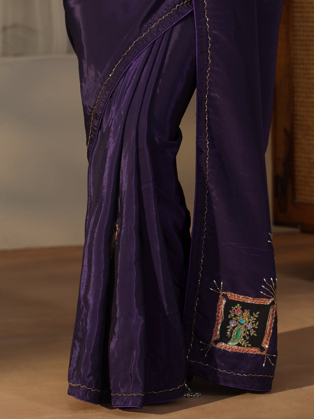  Libas Aubergine Purple Satin Saree with Applique Design 