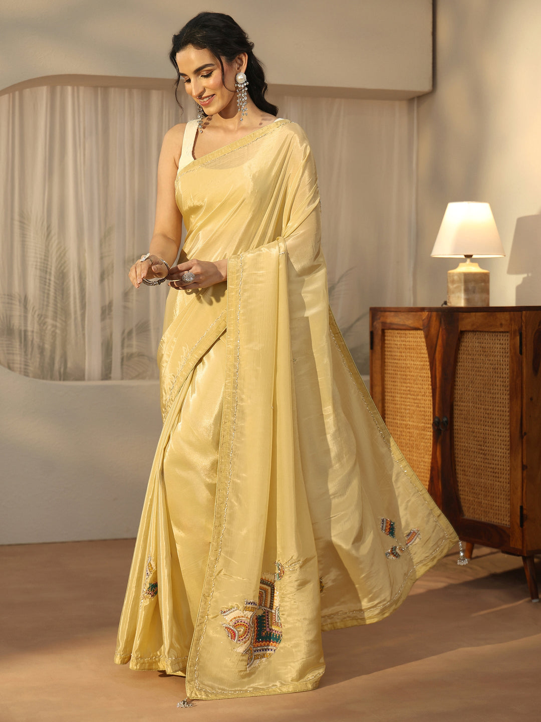 Libas Butter Yellow Embellished Satin Saree with Applique Design 