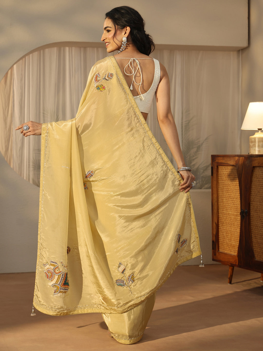  Libas Butter Yellow Embellished Satin Saree with Applique Design 