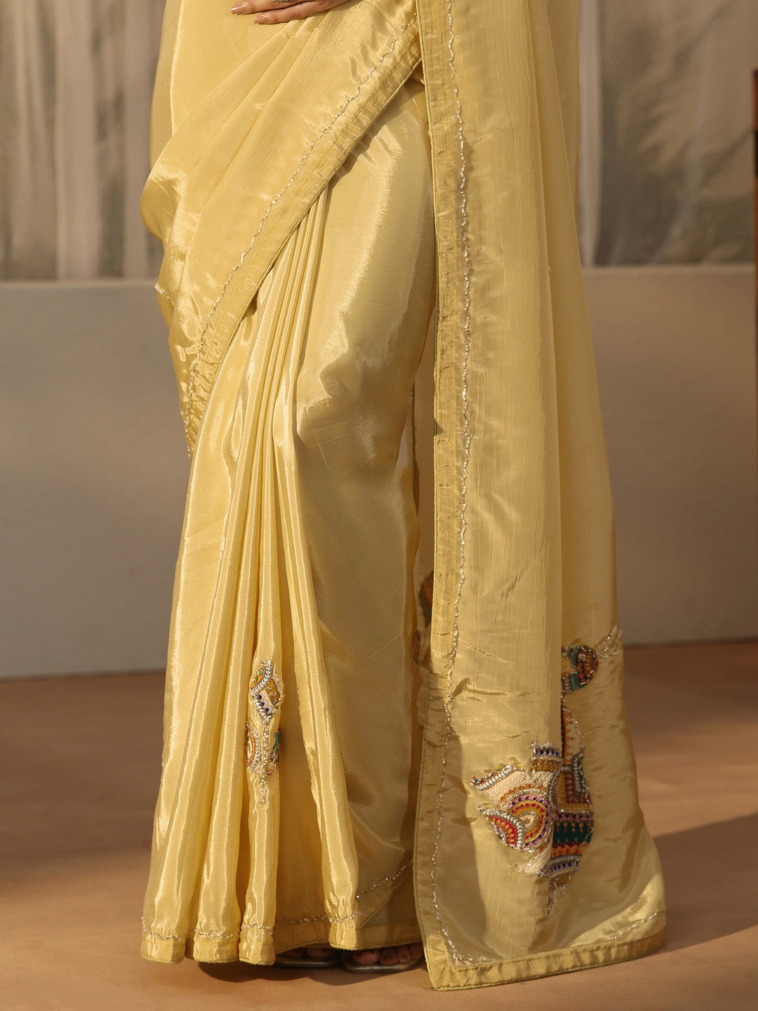  Libas Butter Yellow Embellished Satin Saree with Applique Design 