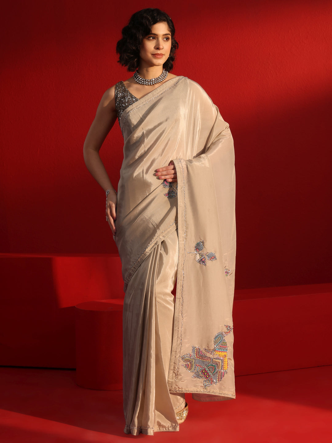  Libas Taupe Embellished Satin Saree with Applique Work 