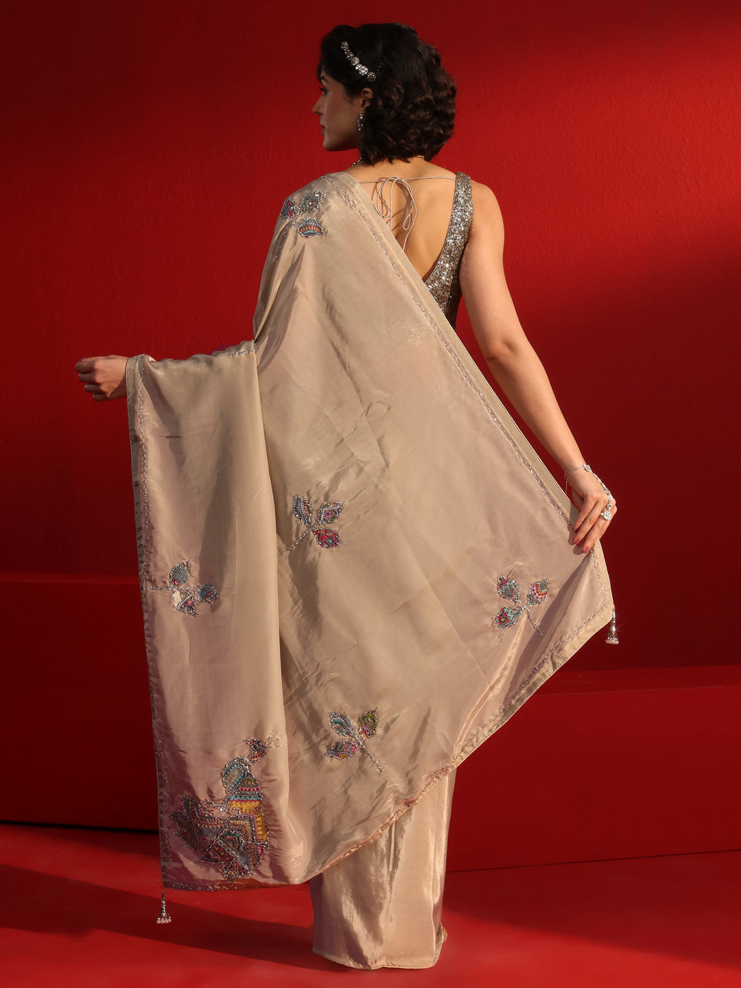  Libas Taupe Embellished Satin Saree with Applique Work 