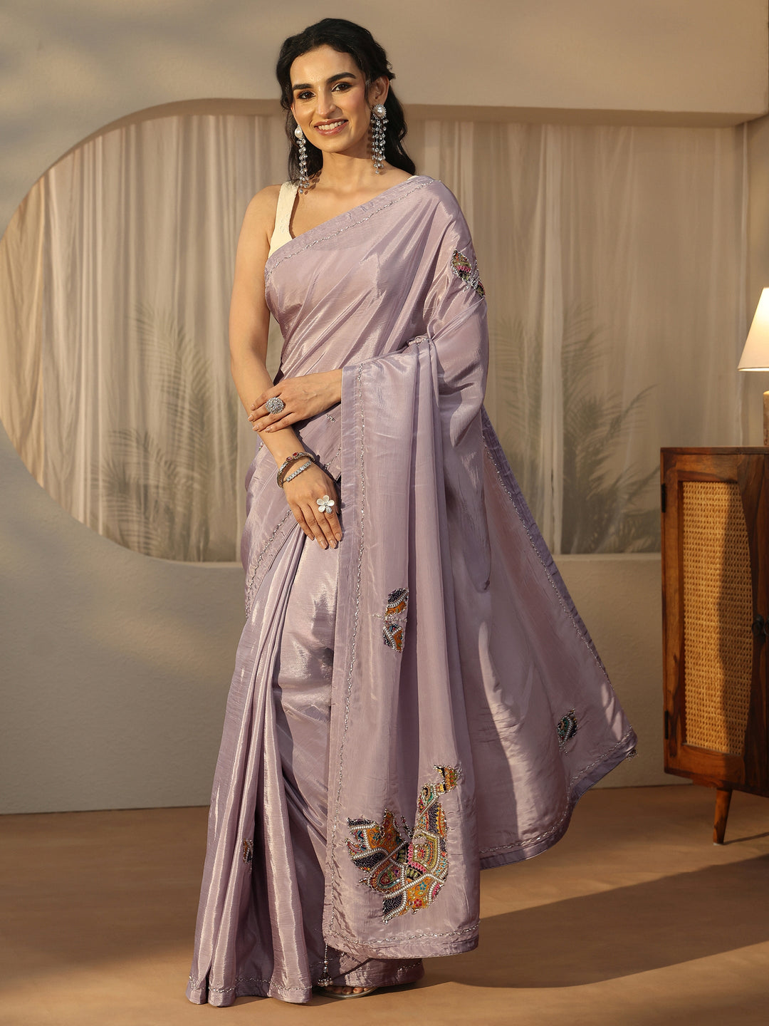 Libas Lavender Embellished Satin Saree with Applique Design 