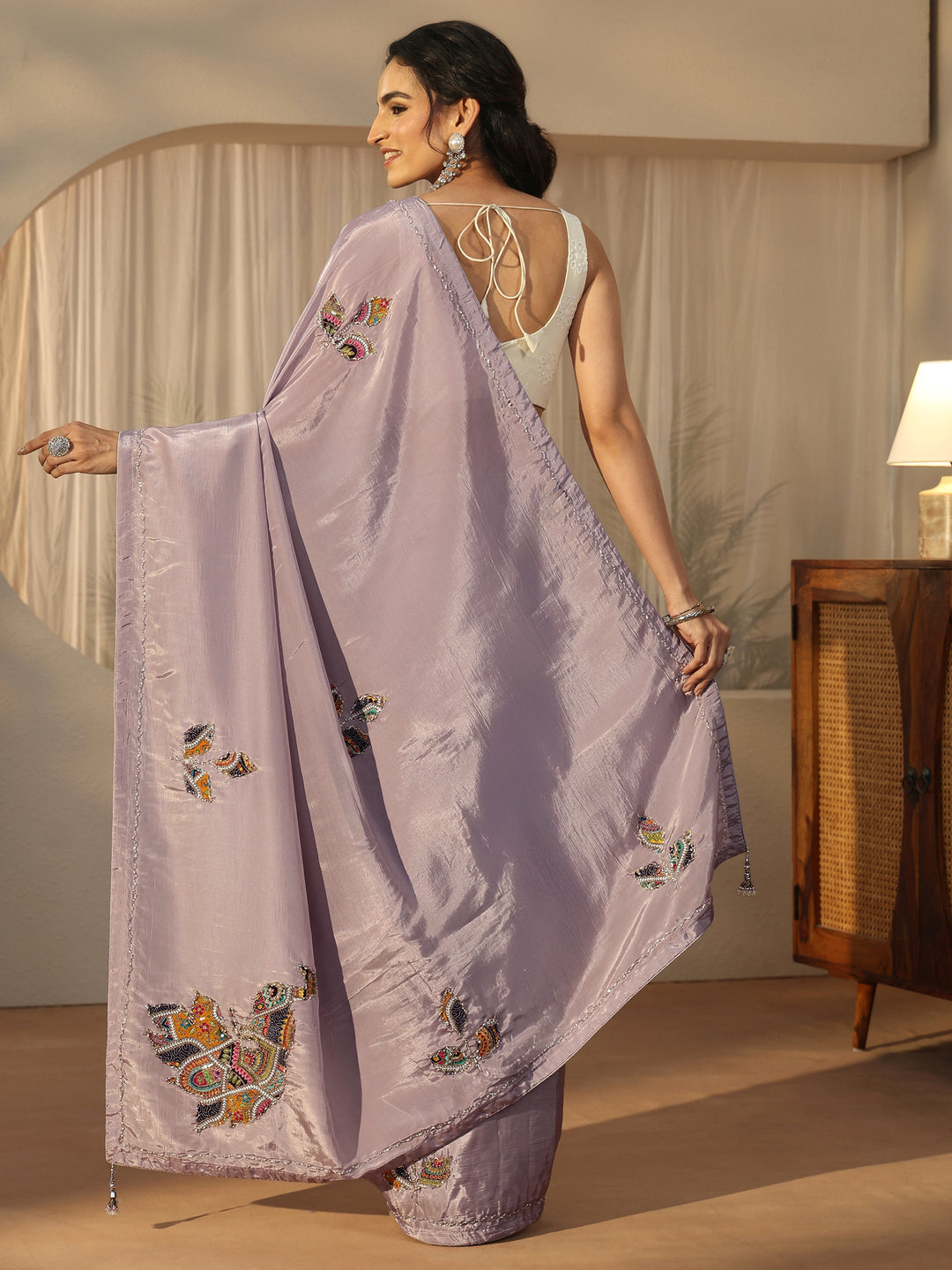  Libas Lavender Embellished Satin Saree with Applique Design 