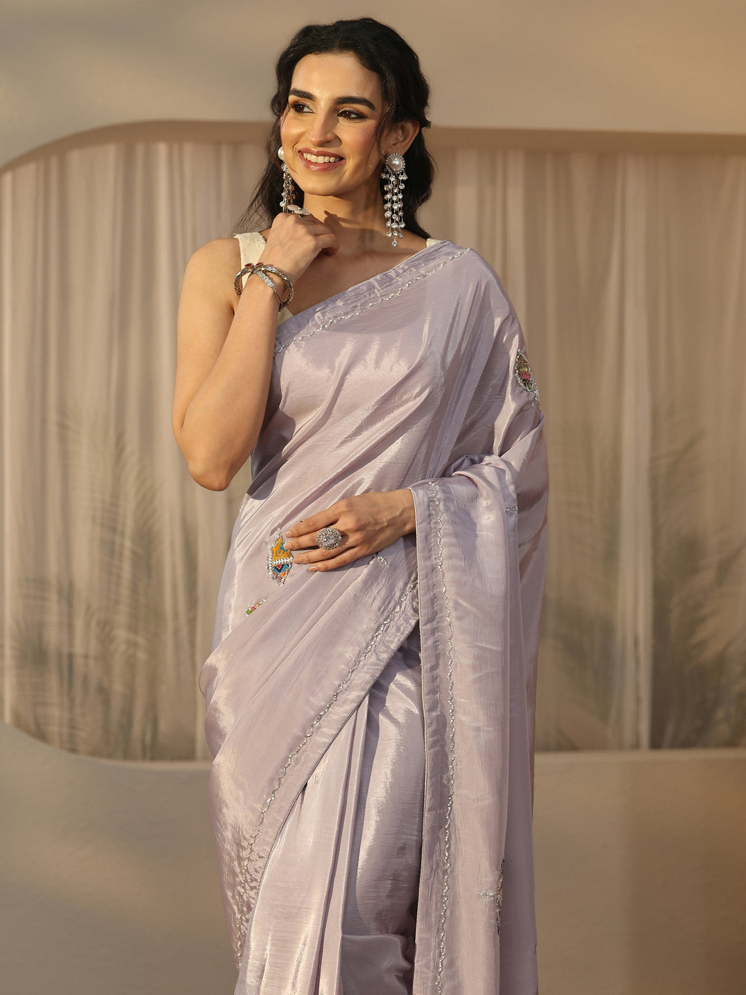  Libas Lavender Embellished Satin Saree with Applique Design 