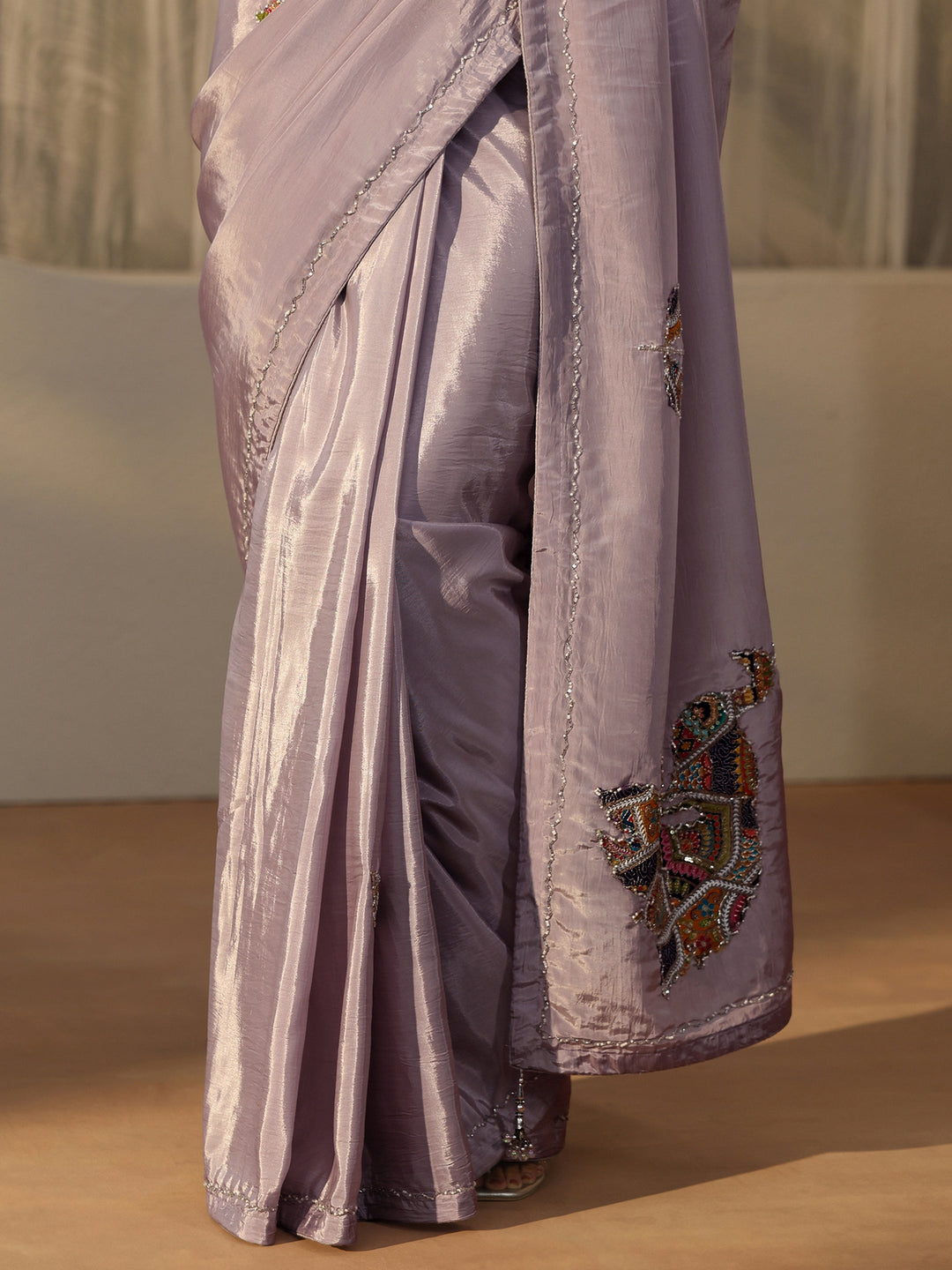  Libas Lavender Embellished Satin Saree with Applique Design 