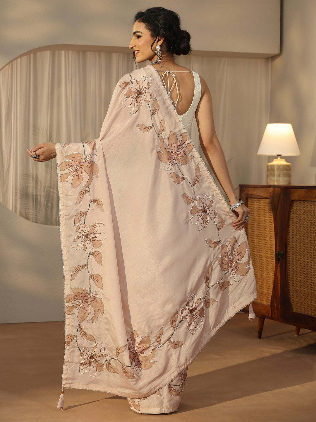  Libas Beige Floral Embellished Satin Saree 