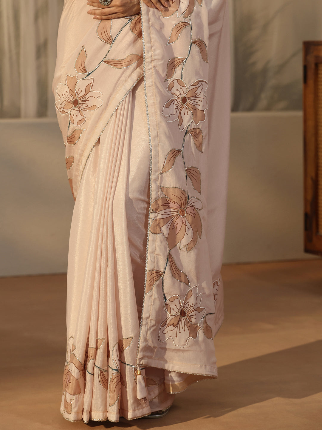  Libas Beige Floral Embellished Satin Saree 