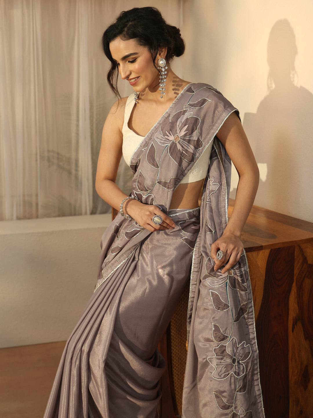  Libas Taupe Grey Floral Embellished Satin Saree 