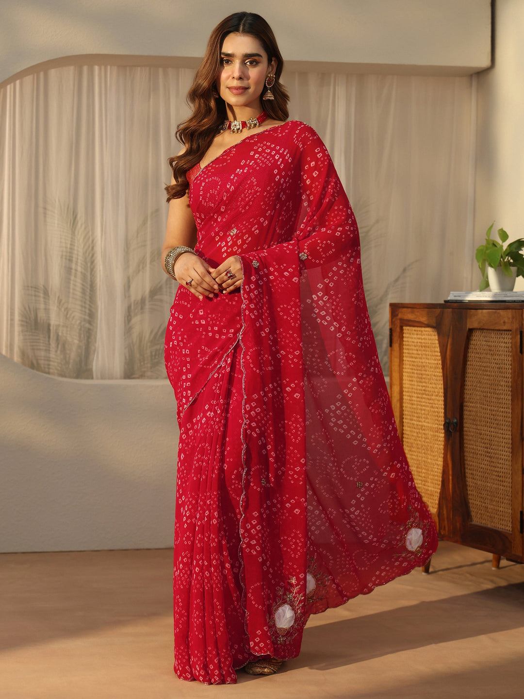  Libas Red Bandhani Printed Chiffon Saree with Applique Design 