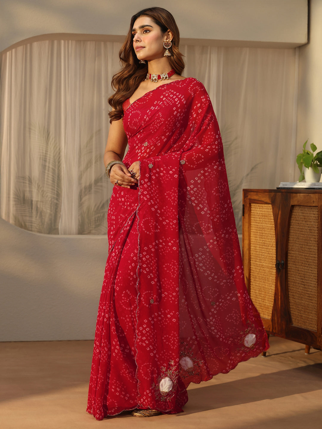  Libas Red Bandhani Printed Chiffon Saree with Applique Design 
