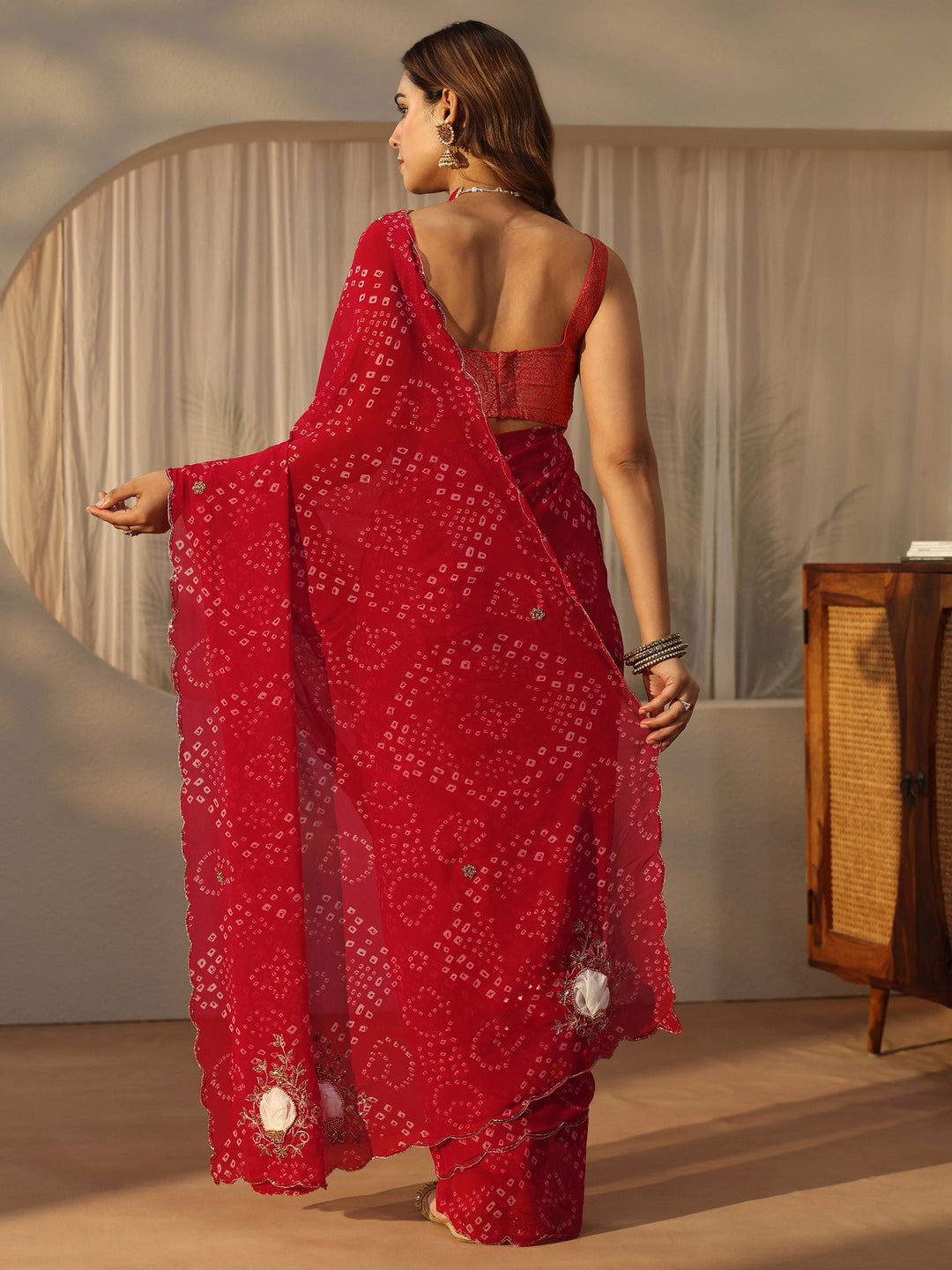  Libas Red Bandhani Printed Chiffon Saree with Applique Design 