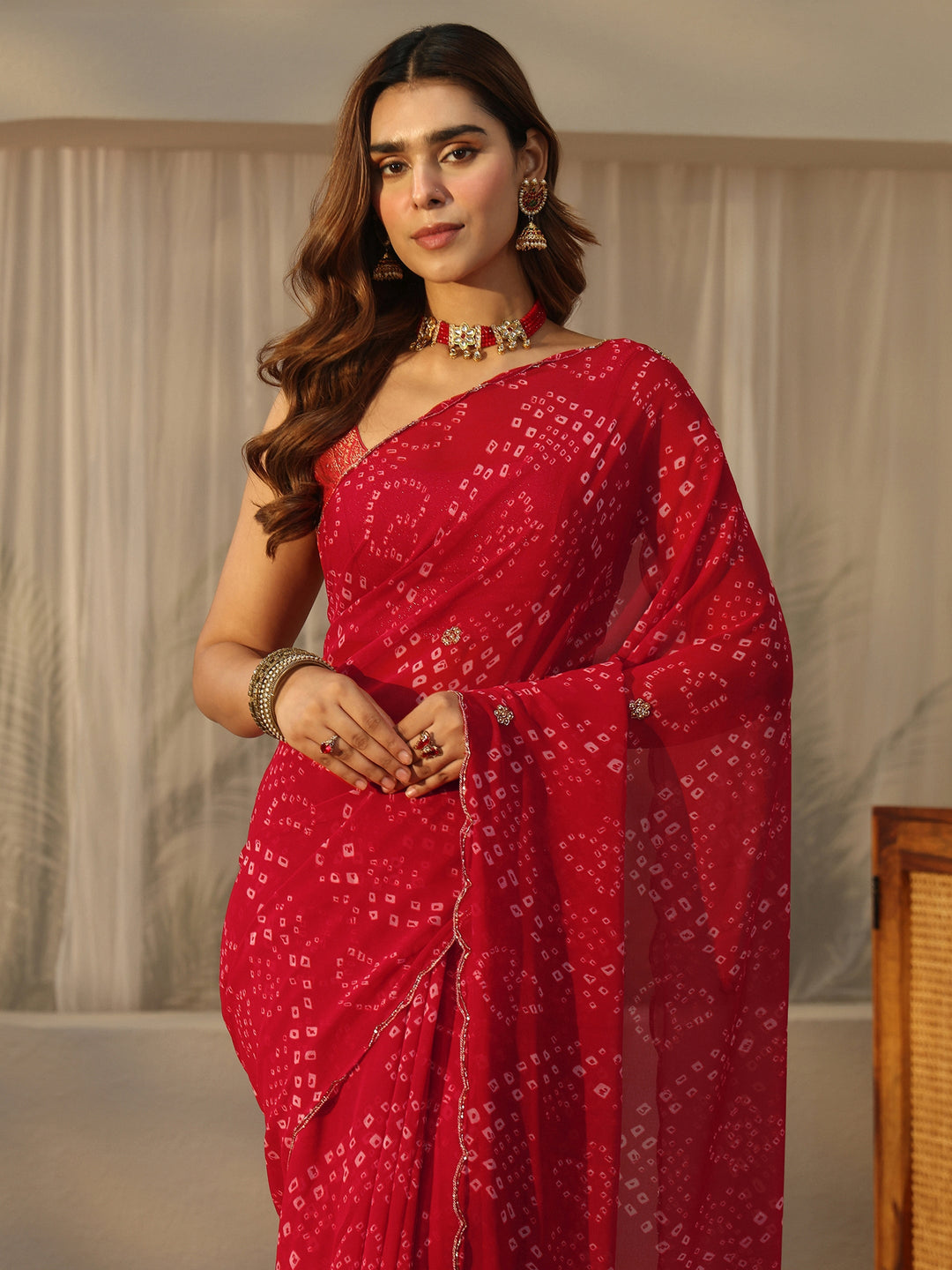  Libas Red Bandhani Printed Chiffon Saree with Applique Design 